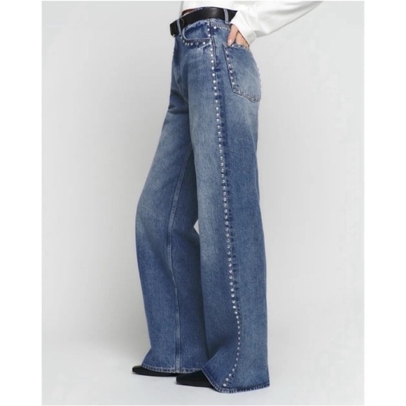 NWT Reformation Cary High Rise Slouchy Wide Leg Studded Jeans Chesapeake Blue 24 - Picture 12 of 14